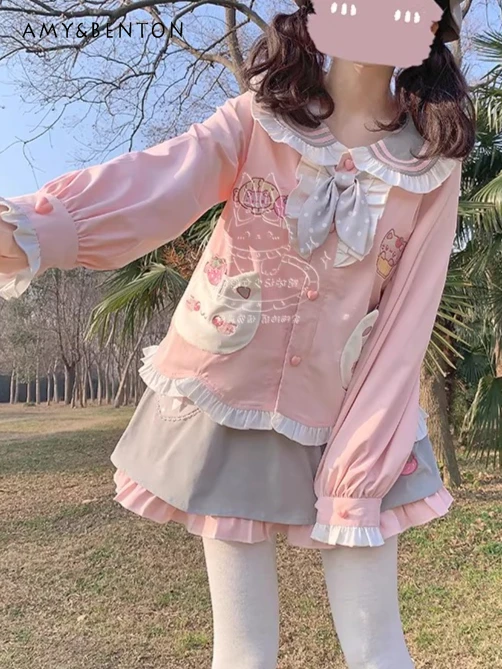 

Original Strawberry Bear Kawaii Girl JK Cute Sailor Suit College Style Outfits Sweet Doll Face Long Sleeve Shirt Pleated Skirt