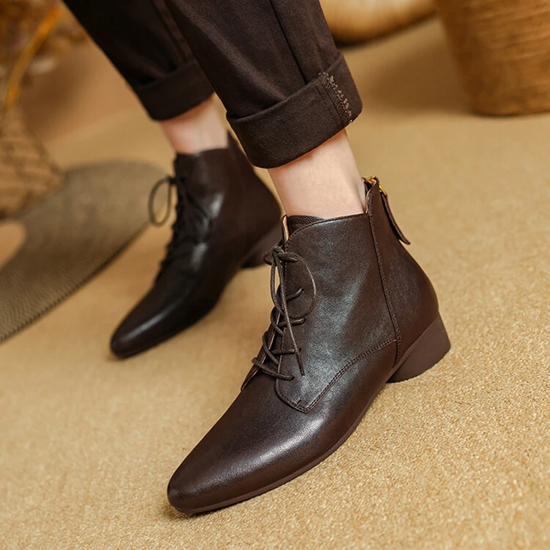 NEW Autumn/Winter Women Boots Pointed Toe Low Heel Shoes Genuine Leather Shoes for Women Lace-up Ankle Boots Zipper Modern Boots