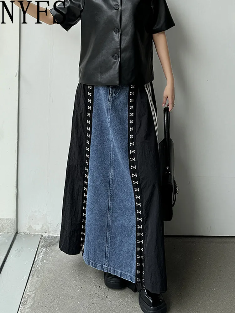 

NYFS European American Personalized Buttons Woman A-line Skirt Loose Plus Size Denim Patchwork Long Skirts Faldas Mujer Saias