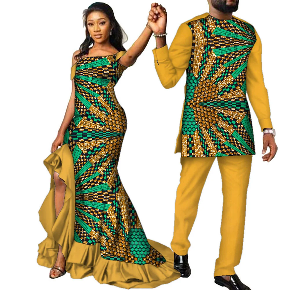 African Couple Matching Clothes Print Long Mermaid Dresses for Women Dashiki Men Outfits 2 Pcs Sets Wedding Vestidos Plus Size