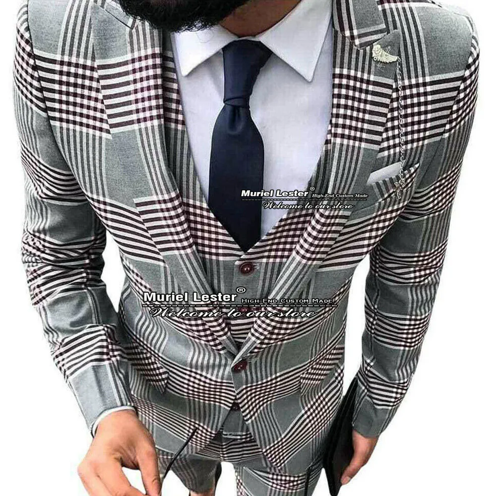 

Spring/Autumn Grey Business Mens Suits Slim Fit Plaid Check Grooms Blazer Custom Made 3 Pieces Wedding Tuxedos Trajes De Hombre