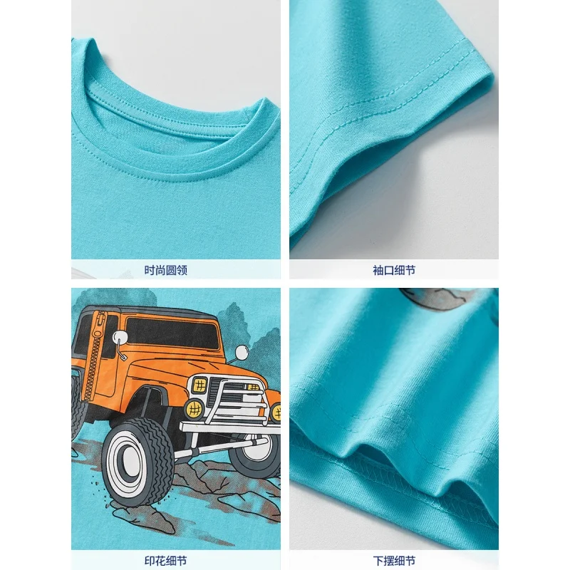 T-shirt à manches courtes pour enfants, T-shirt bleu pour garçons, motif de voiture de dessin animé, demi-manche, vente en gros, été, nouveau, 2022