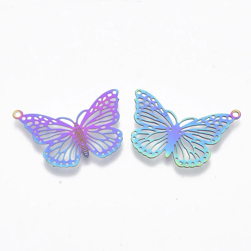 5pcs Ion Plating(IP) 304 Stainless Steel Filigree Pendants  Etched Metal Embellishments  Butterfly  Rainbow Color  18x26x0.3mm