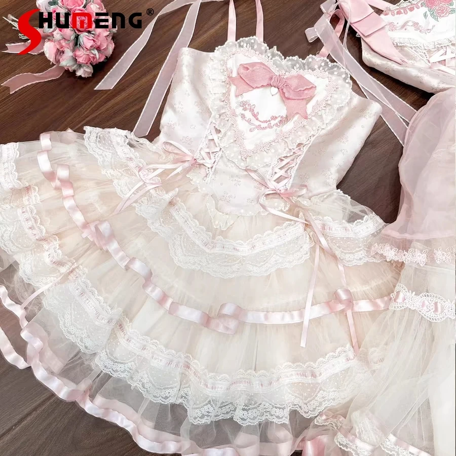 

Silk Satin Japanese Lolita Slings Dress Short Rojita JSK Ballet Style Short Vestidos Birthday Adult Ceremony Dresses For Women