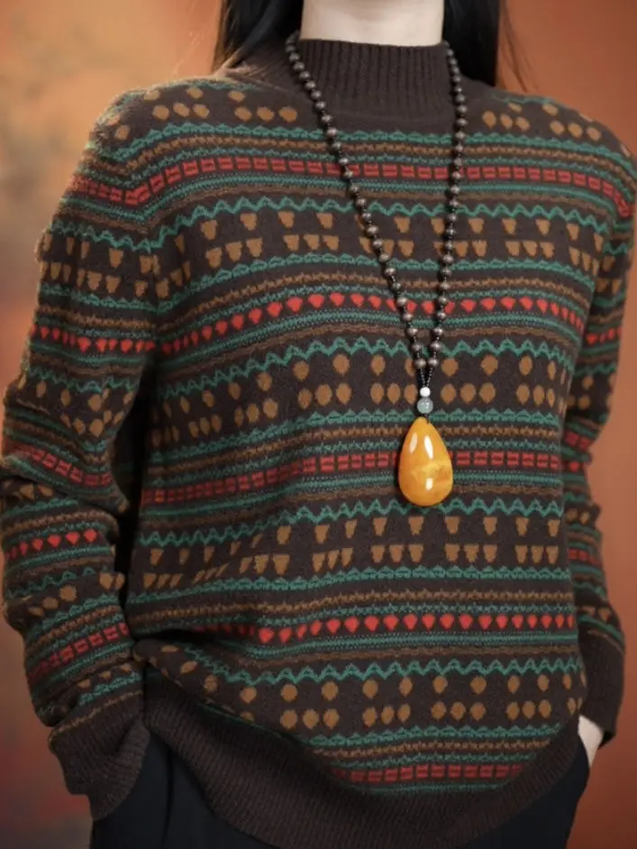 

Sli Knitted Loose Sweater Casual f High Collar Stripe Pattern Retro Base Layer Top Versatile Comfortable Winter Wear