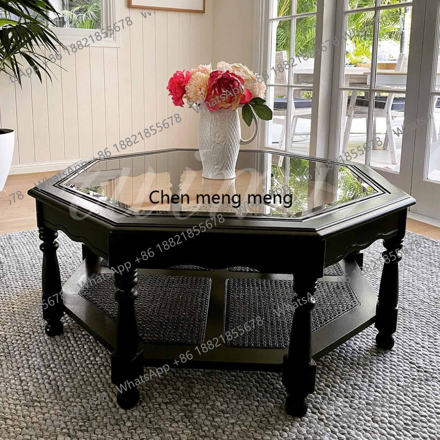 

American vintage solid wood coffee table living room polygonal glass tea table French minimalist designer home table