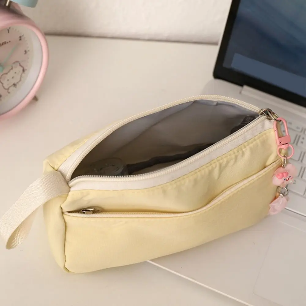Simple Solid Color Pen Bag Double Layers Handheld Design Pencil Case Large Capacity Stationery Bag Back to School