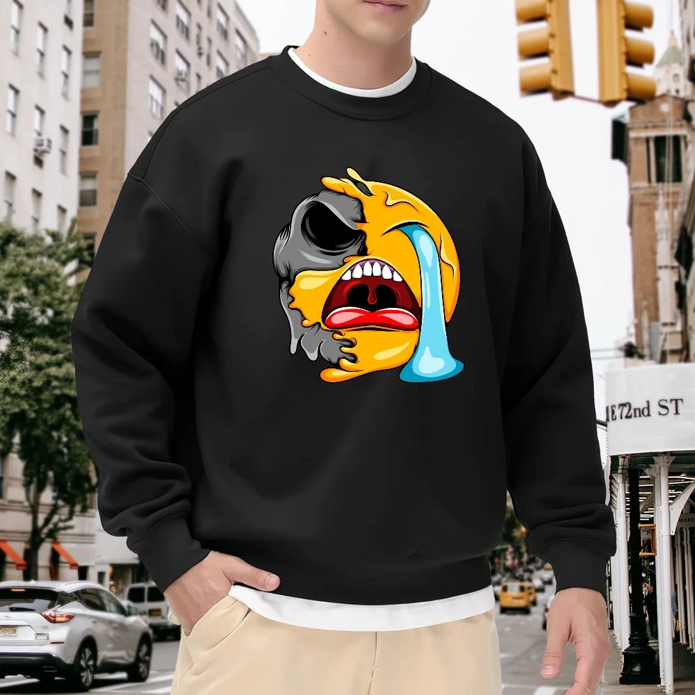 

Men's Black Crew Neck Loose Sweatshirt, Trendy Quirky Tearful Emoji Print Top, Street Casual Style Versatile Piece, Comfortable and Breathable Pullover for Everyday Wear