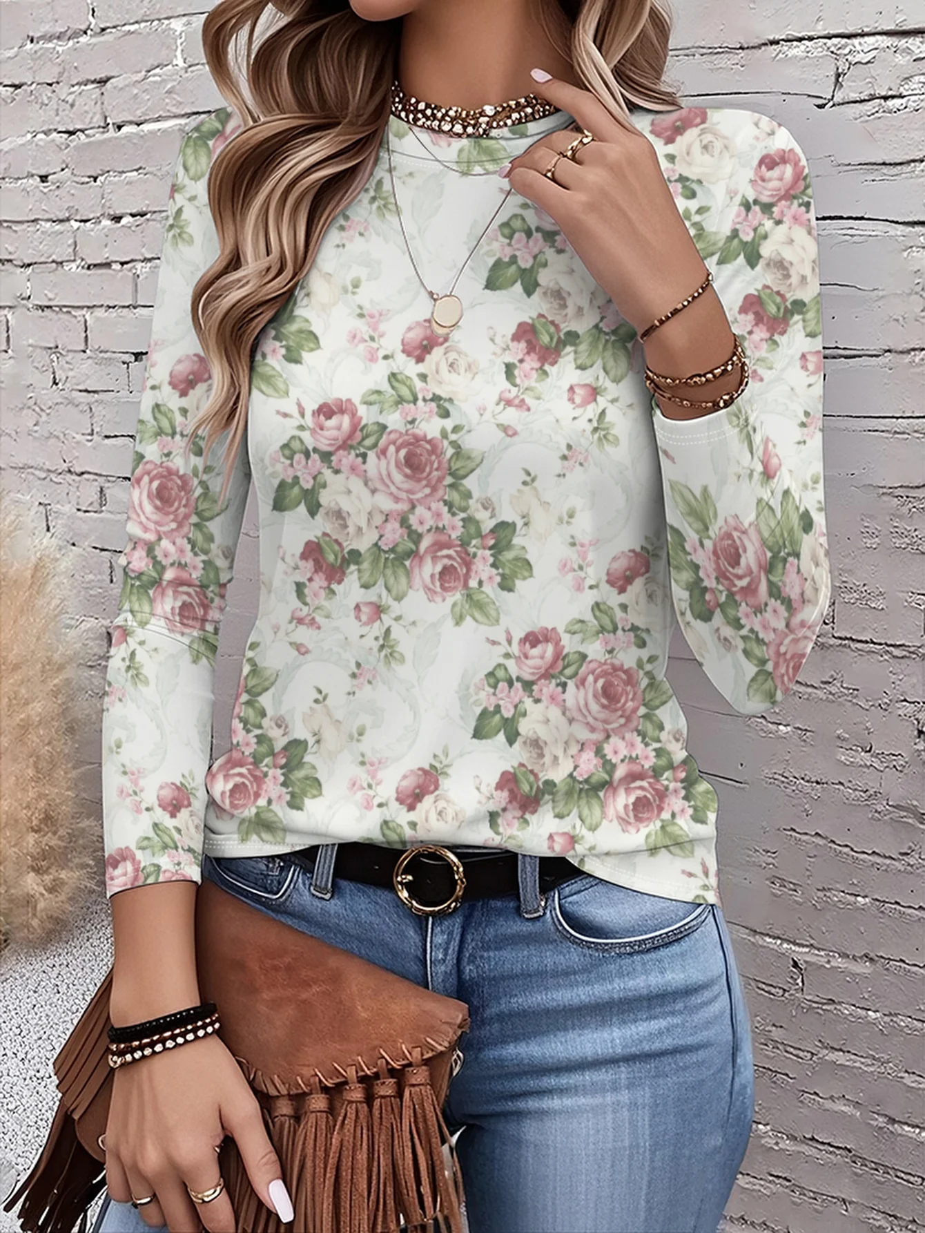 Women Round Neck Long Sleeve T-shirt Fashion New Street Top Yellow Floral Bird Print Casual Spring Autumn Ladies Daily Wear