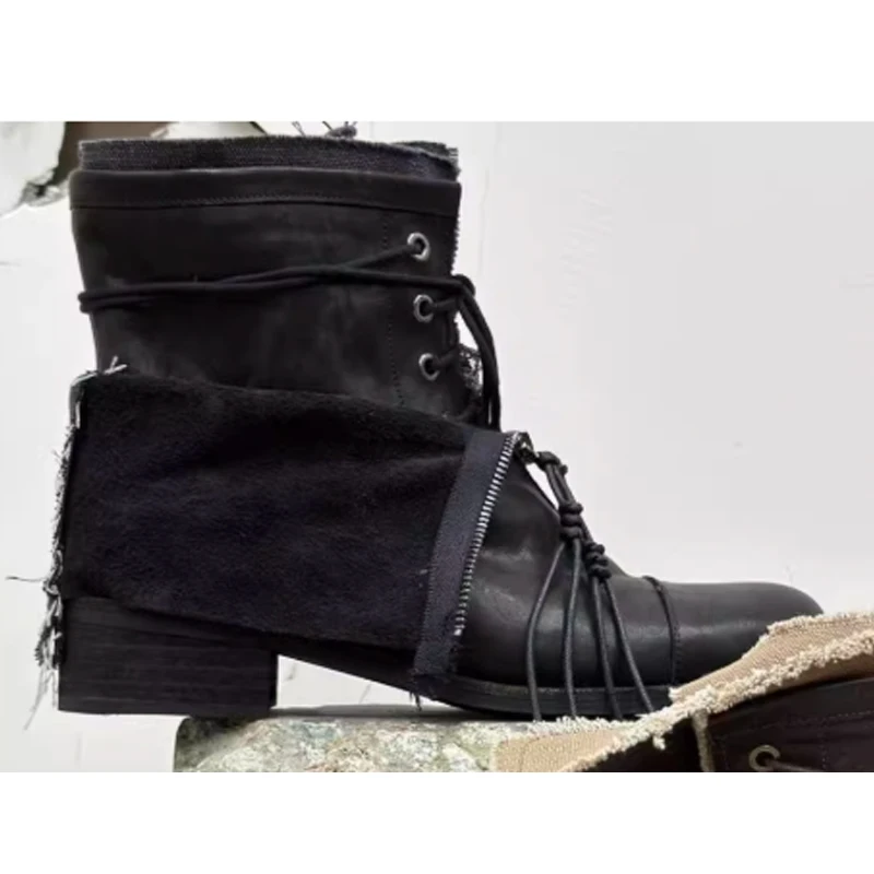 Men's Chunky Heels Front Zipper Distressed Boots Nomadic Style Lace-Up High Top Vintage Boots Fashion Shoes Casual Outdoor