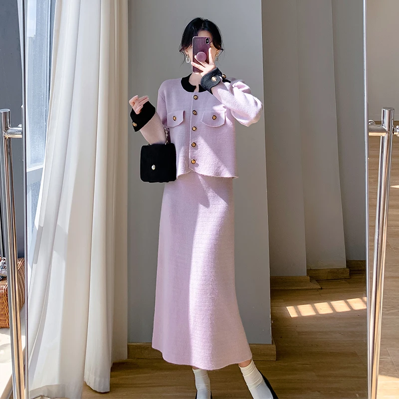 UNXX Real-shot in-stock 2023 Autumn/winter Tweed-style Knit Jacket for Women, Socialite Elegant Slit Skirt Fashionable Set Sweet