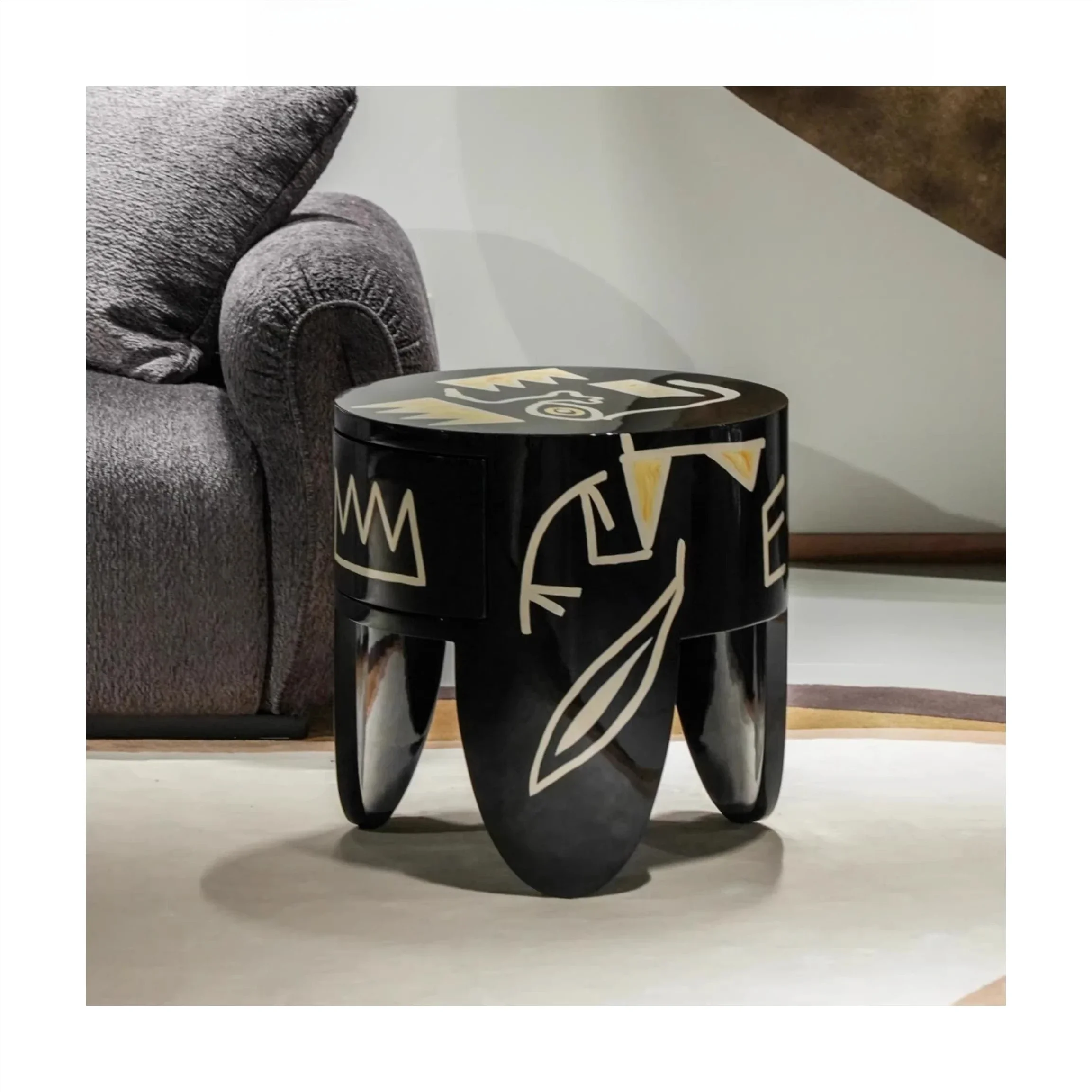 40 Medieval Style Designer Solid Wood Geometric Pattern Bedside Table Painted Creative Round Sofa Edge Several American Simple F