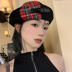 2023 New Fashion Women Wool Thick Berets Artist French Painter Hat Girls Red Plaid Patchwork Female Warm Walking Cap Hombre