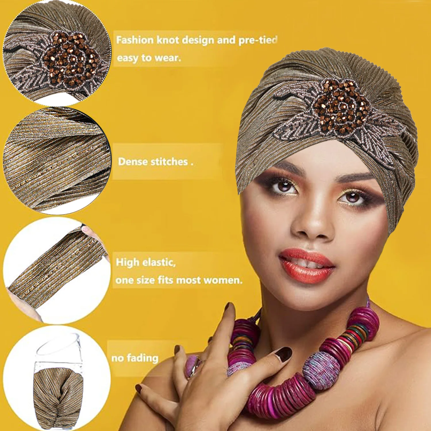 New Bronzed Pleated Headscarf Hat Muslim Hijab Turban Women Chemo Cap Hair Loss Head Wrap Bonnet Shimmer Headwear Accessories