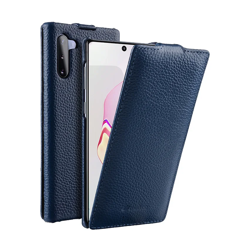 New Vertical Open Genuine Leather Flip Phone Case Cover For Samsung Galaxy Note10 Plus Note10+ Real Cowhide Business Pouch Bags