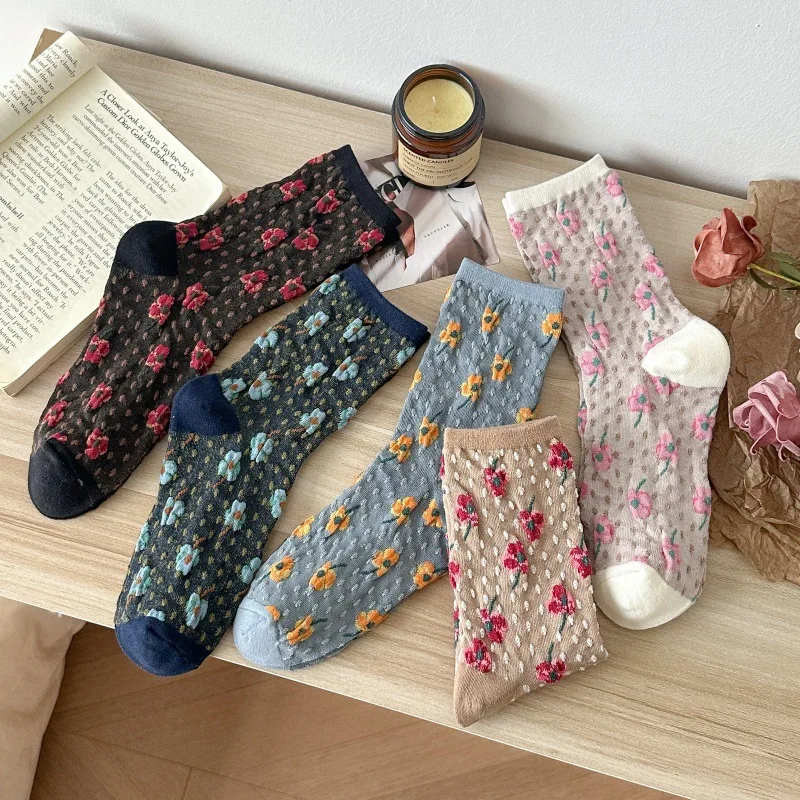 

5 пар женских носков с цветочным принтом, осенне-зимние, новые, модные, средней длины, в стиле ретро, художественные, длинные носки для женщин
