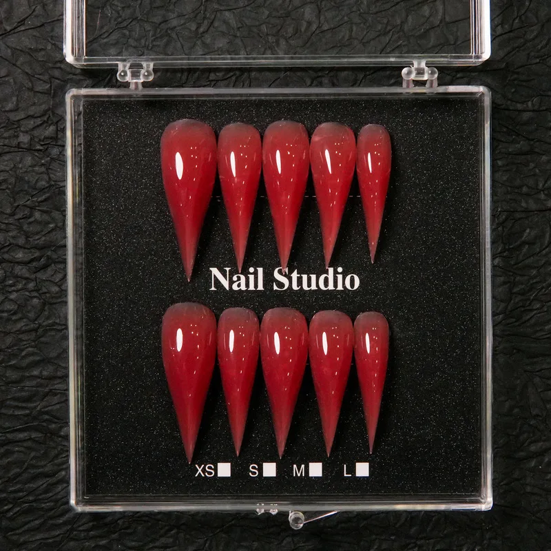 Handmade Solid Red Stiletto Press On Nails Jelly Red Fake Nail Tips Reusable Long Pointed False Nails For Nail Art Salon Manicur