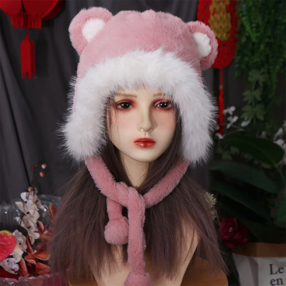 

Fashion Korean Cute Bear Ear Hat Warm Casual Faux Fur Bucket Hat Outdoor Women Fluffy Hats Girls