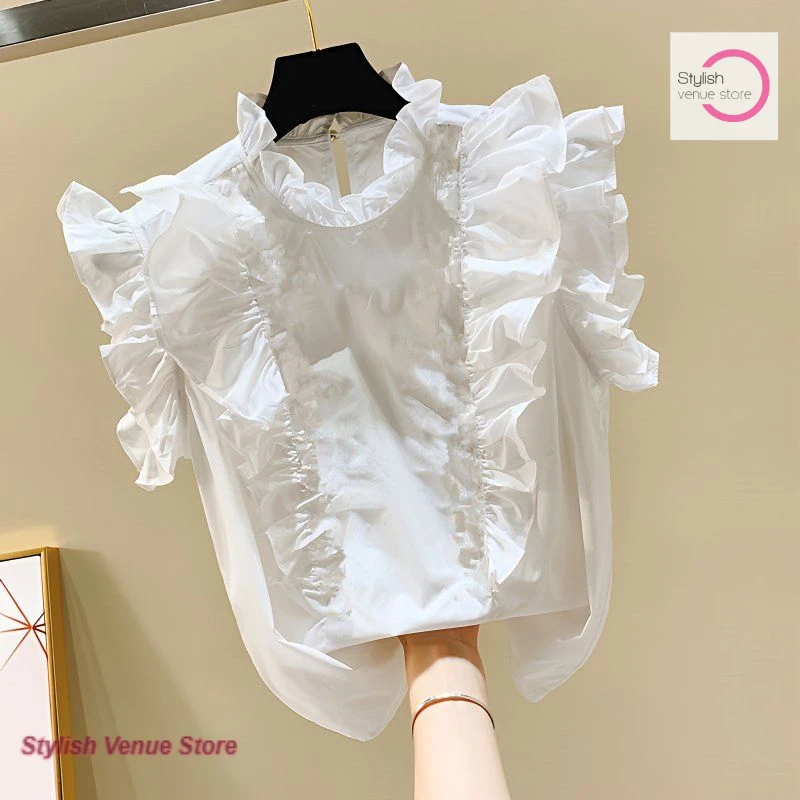 Japanese lotus leaf flying sleeve collar wood ear studded pullover round neck chiffon women's summer new fashion Joker top.