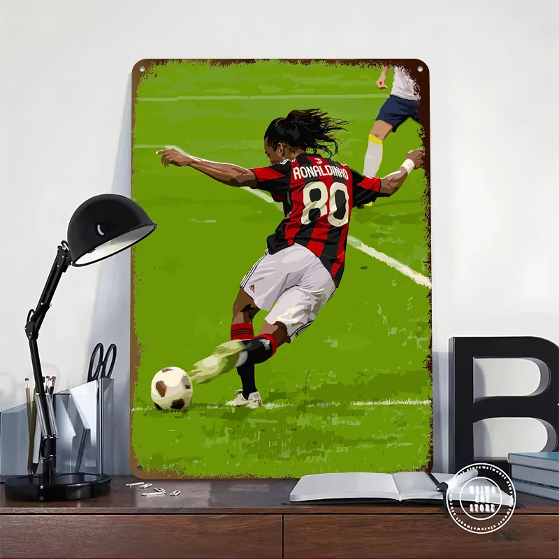 Ronaldinho Kicking a Soccer Ball 3D Texture Metal Poster Customized Wall Art Tin Sign Gift for Mancave Custom Plate Room Decor