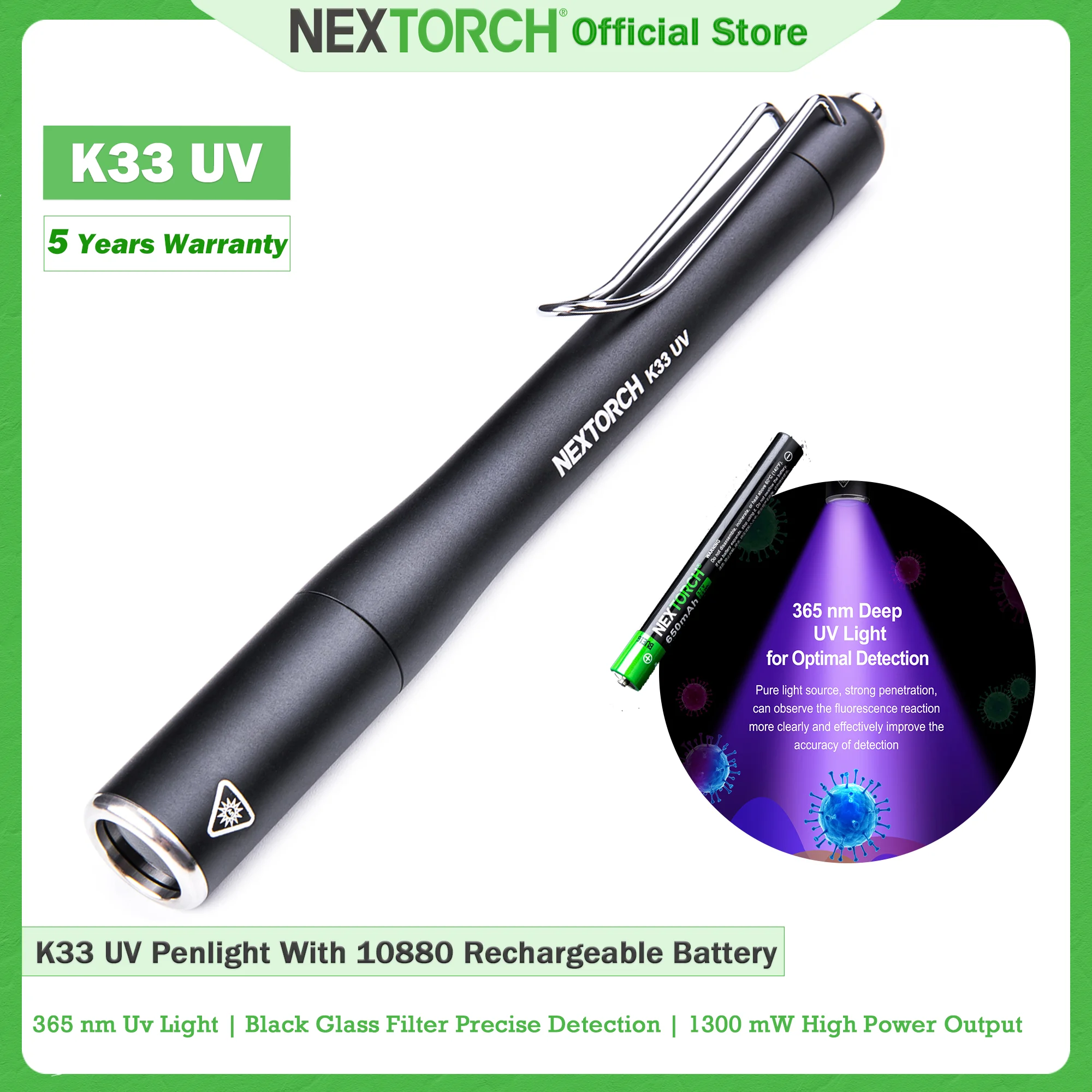 

NEXTORCH K33 UV Rechargeable LED UV light flashlight, 365 nm UV portable penlight, 1300 mW high power Professional UV Torch