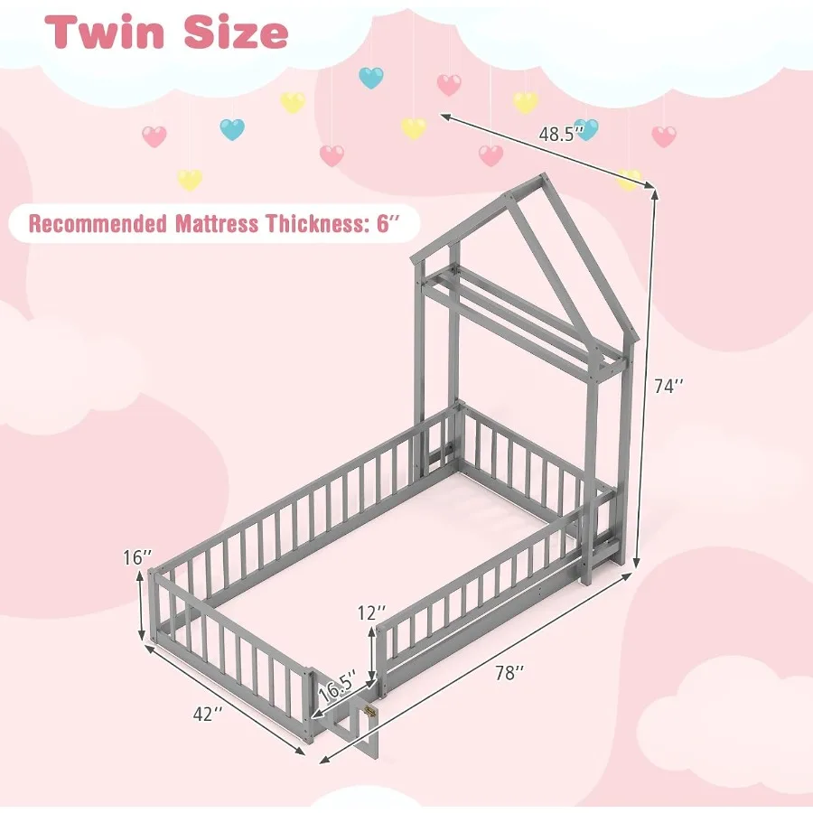 Twin House Floor Bed for,Wood Montessori Bed Frame with Detachable House-Shaped Headboard, Clothes Hanger Safety Fence Rails, W