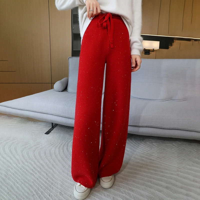 100% Merino Wool Women Wide Leg Pants New Chic Autumn Winter Fashion Gold Silver Sequins Trousers Knitted Woman Cashmere Pants