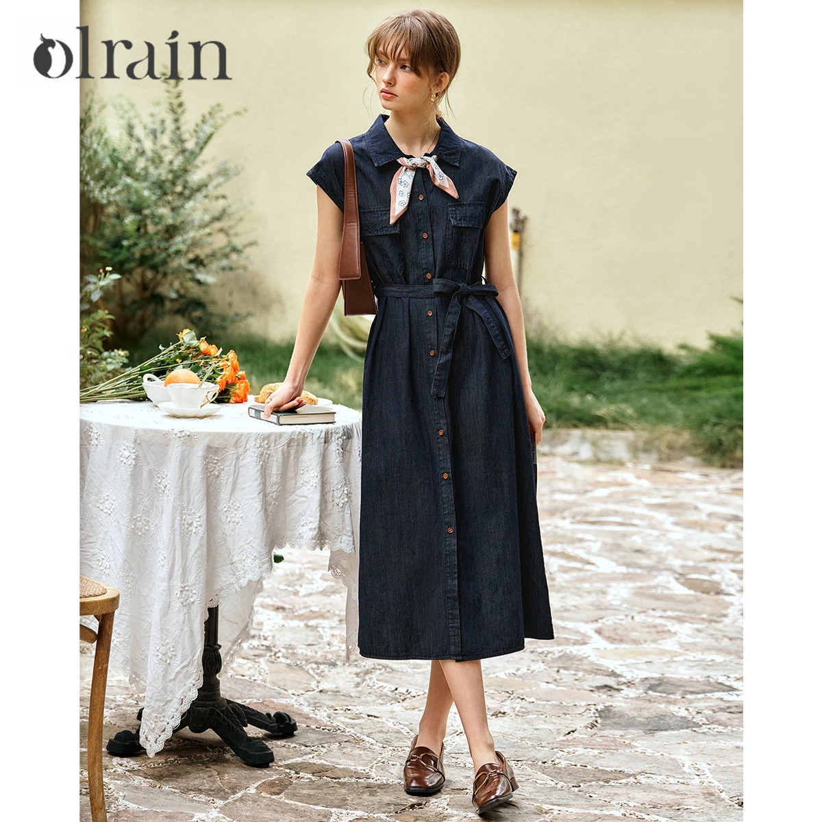 

OLrain Summer Denim Shirt Dresses 2025 Woman 2025 Cotton Blend Denim Short Sleeve Belted Midi Dresses Women Clothing O57XL93539