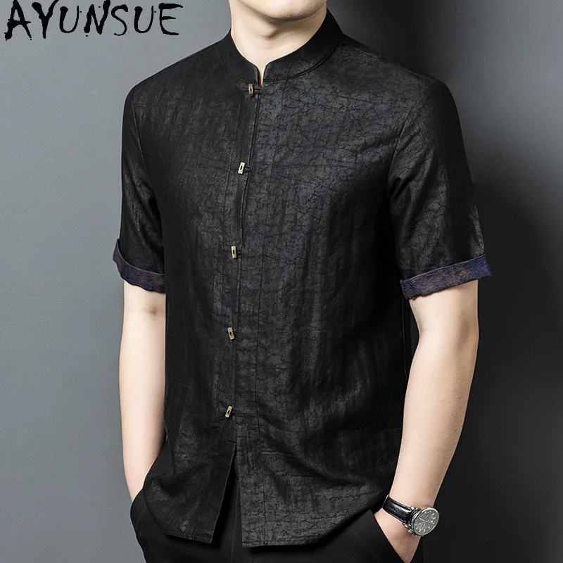 AYUNSUE 100% Natural Mulberry Silk Shirt for Men Summer 2026 Fashion Gauze Silk Tops Short Sleeve Luxury Shirts Man Clothing