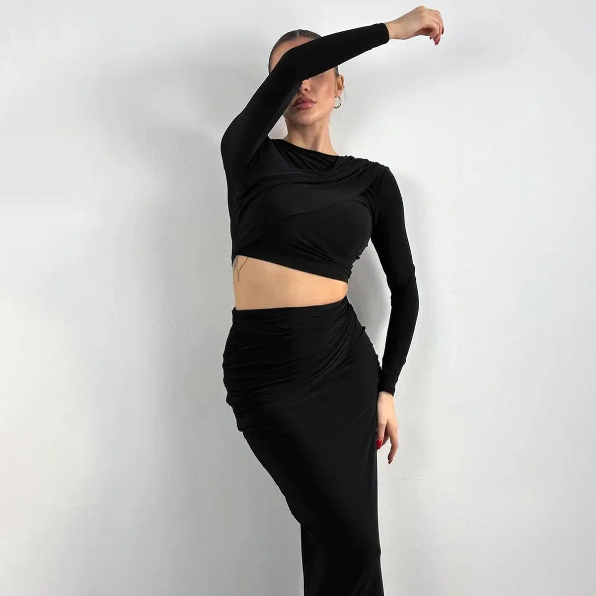 Pleated Two 2 Piece Sets Evening Prom Dress Womens Outfits Round Neck Irregular Tank Tops and Long Casual Skirt Matching Set