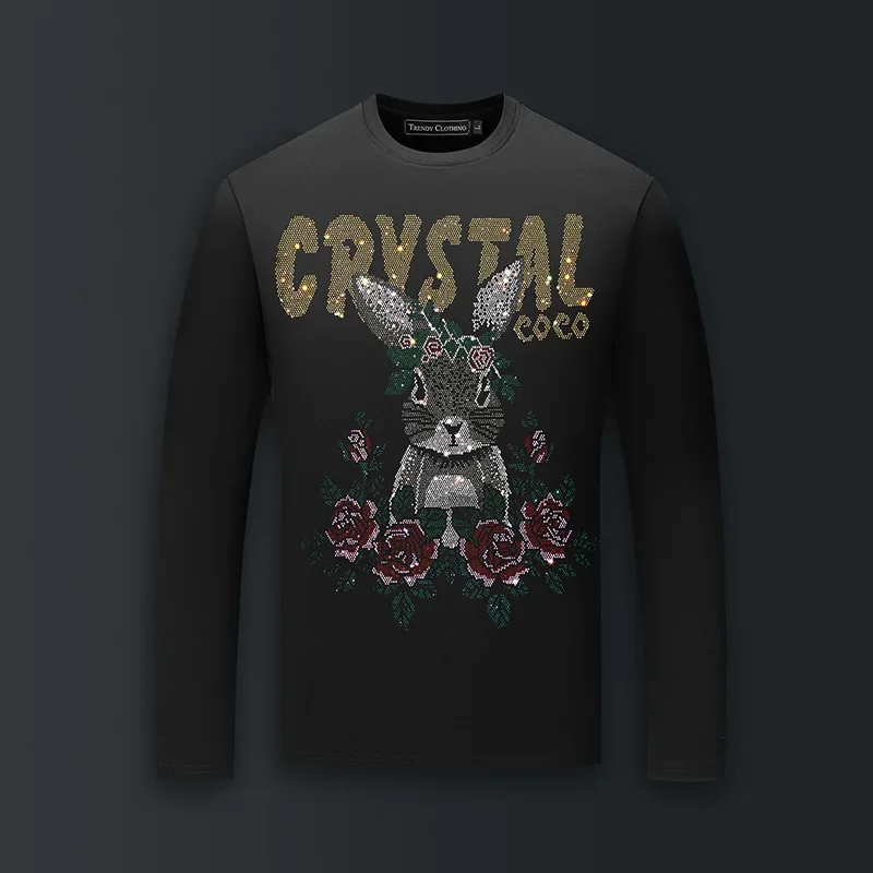 

Plus Size O Neck Long Sleeve T Shirts Men Fashion Streetwear Cartoon Rabbit Rhinestones Modal Cotton Slim Tshirts Mens Clothing