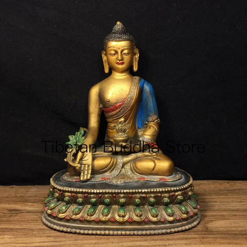 

20.5cm Ancient Nepalese Tibetan Pure Copper Painted Buddha Statue of Shakyamuni Pharmacist Ornament