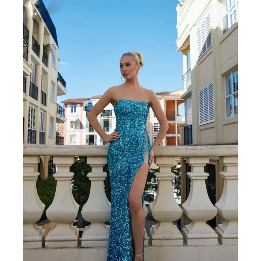 

Customized Modern Sparkling Sequin Evening Dress Strapless Slim Fit Mermaid Celebrity Prom Dress High Slit Cocktail Party Dress