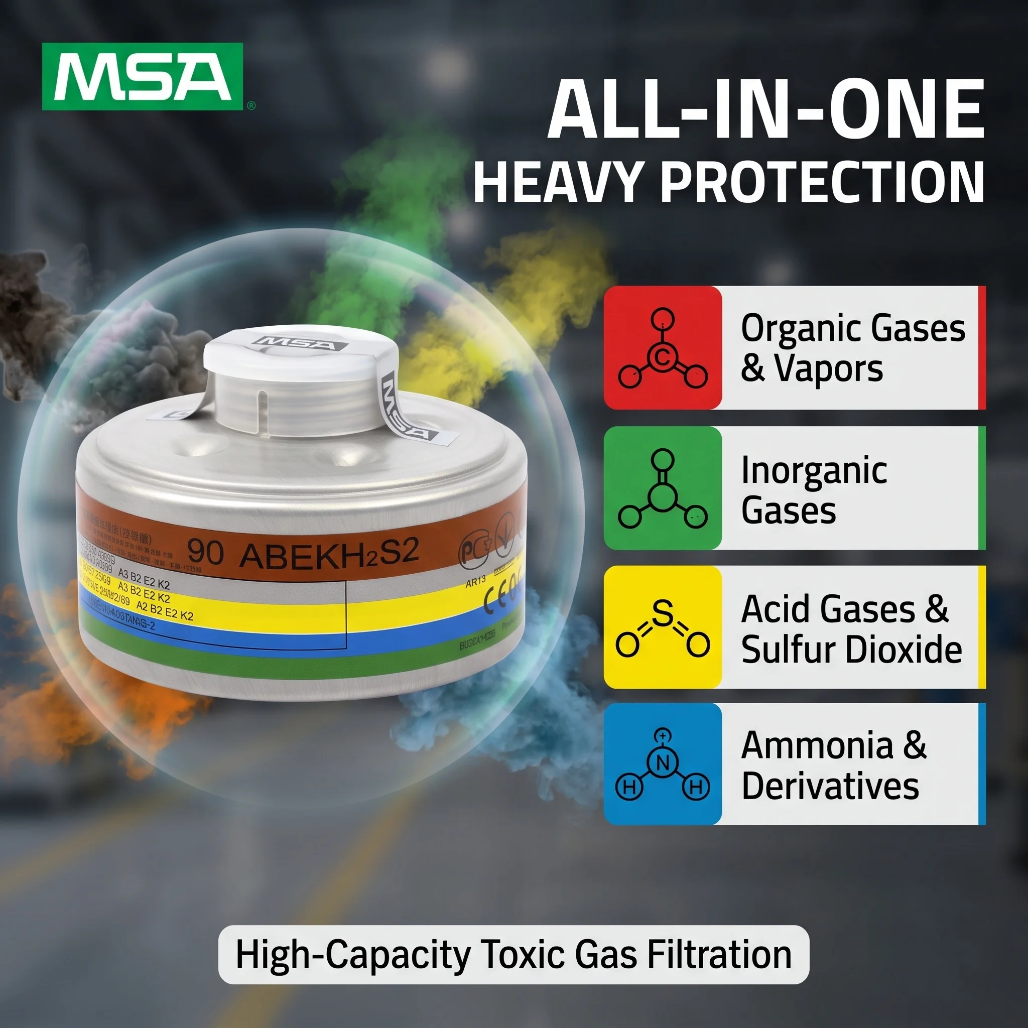Original MSA Respirator Canister A2B2E2K2 Aluminum Filter RD40 40mm Connection for Spray Painting Industrial Welding Toxic Gas