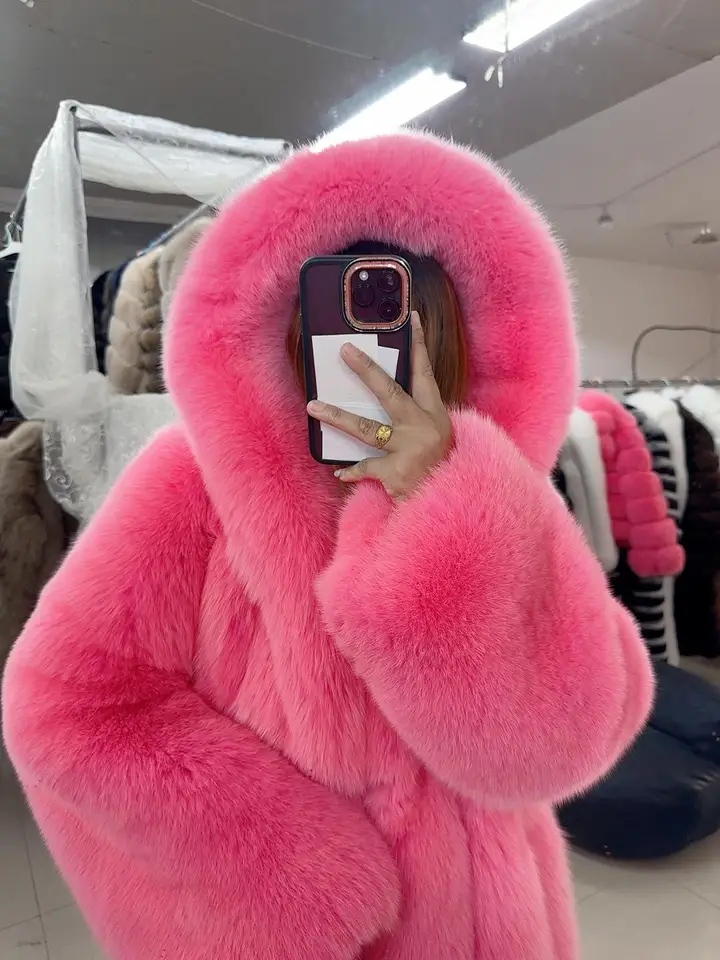ジャケット・アウター Winter Love Faux Fur Long Coat 2025 2025 Winter Warm Luxury Real Fox Fur Hooded Coat Women Pink Fox