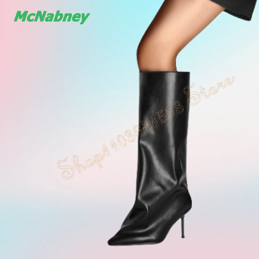 Pointed Toe Casual Straight Boots,Black Leather Knee High Boots Thin Heel Women Boots Plus Size 2024 New Zapatos Para Mujere