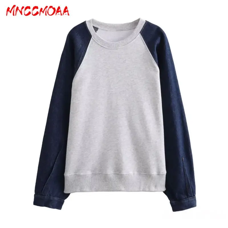 MNCCMOAA-Women\'s Loose Denim Splice Pullover Hoodie Sweatshirt Elastic High Waist Jogging Pants Set Female Fashion Autumn 2024