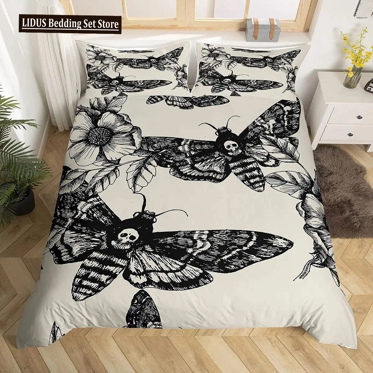 Skull Comforter Cover Set Twin Size Moth Printed Gothic Style Duvet Cover,Sugar Skull Pattern Botanical Floral Decor Bedding Set