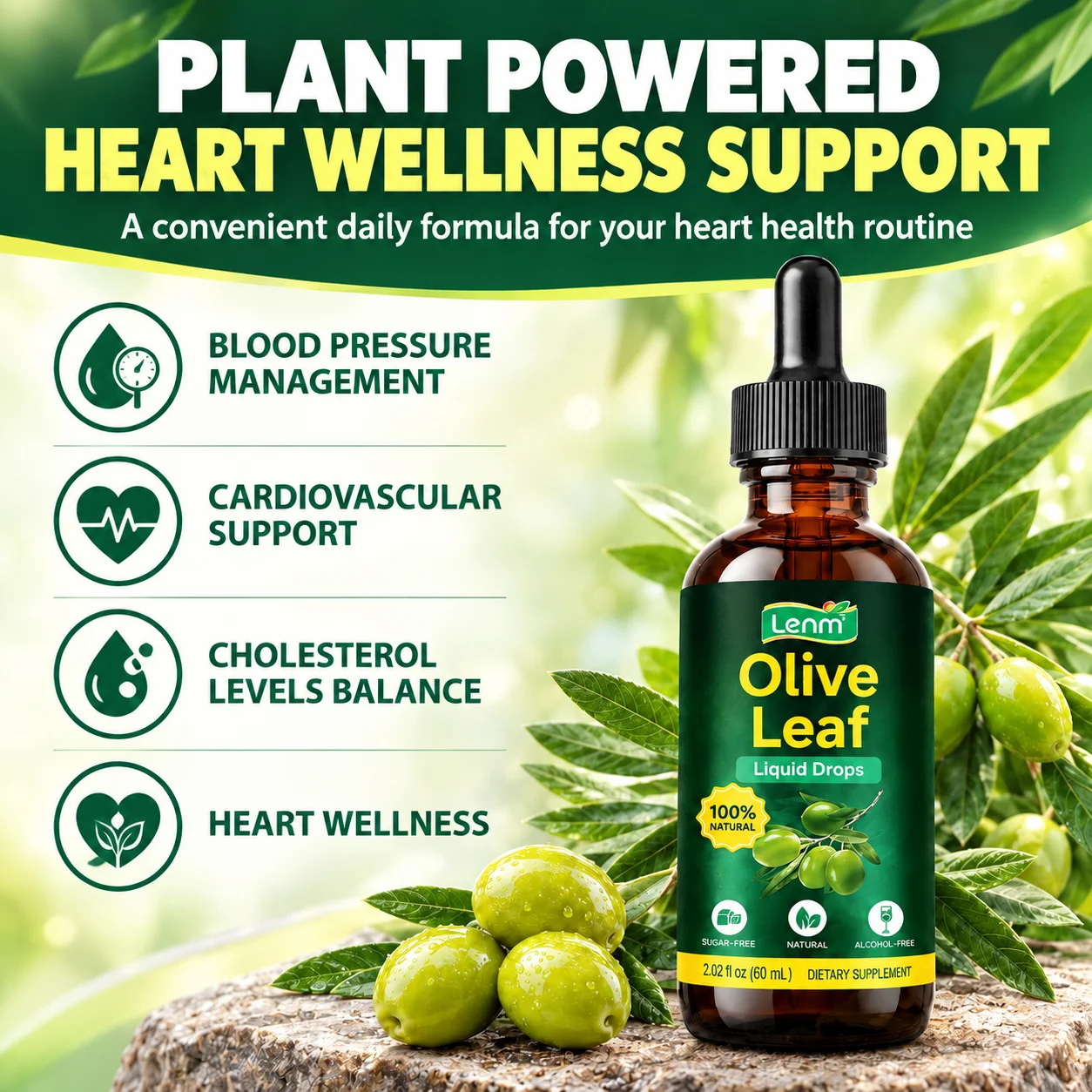 Olive Leaf Extract Drops Blood Pressure Management Cardiovascular Support & Cholesterol Levels Balance & Heart Wellness 60ml