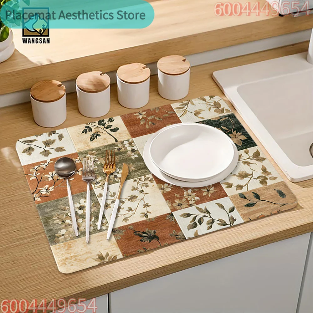 Floral Patchwork Pattern Tableware Drying Mat, Coffee Machine Mat, Washing Machine Mat, Microwave Mat, Table Mat, Polyester Ma