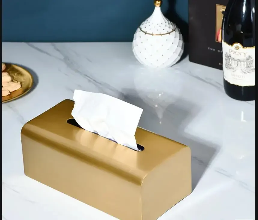 

European Style Golden Rectangular Brass Tissue Box Desktop Decoration Metal Seat Storage Tray Modern Home Decoration Accessories