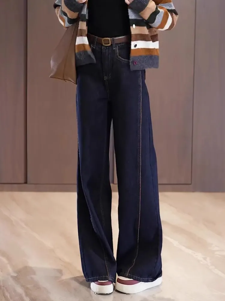 

Женские джинсы с высокой талией и прямыми штанинами, свободного кроя, с драпировкой и цветовыми блоками, длинные брюки, модные повседневные из смесового хлопка, коллекция Осень 2024