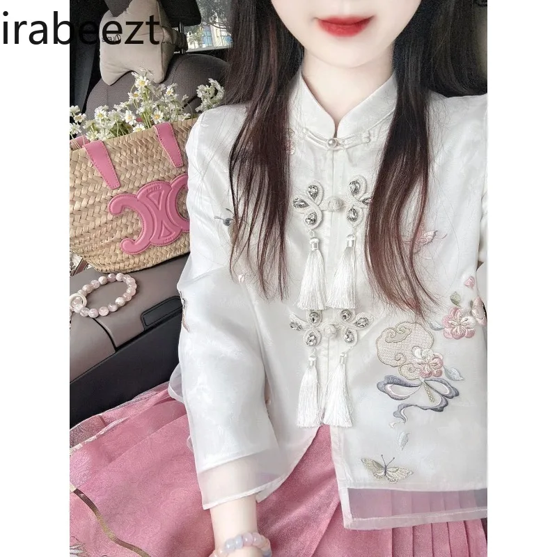 Women Set White Mandarin Collar Tassel Coat+High Waist Embroidery Horse Face Skirt Chinese Style Elegant Two Piece Lady Clothing