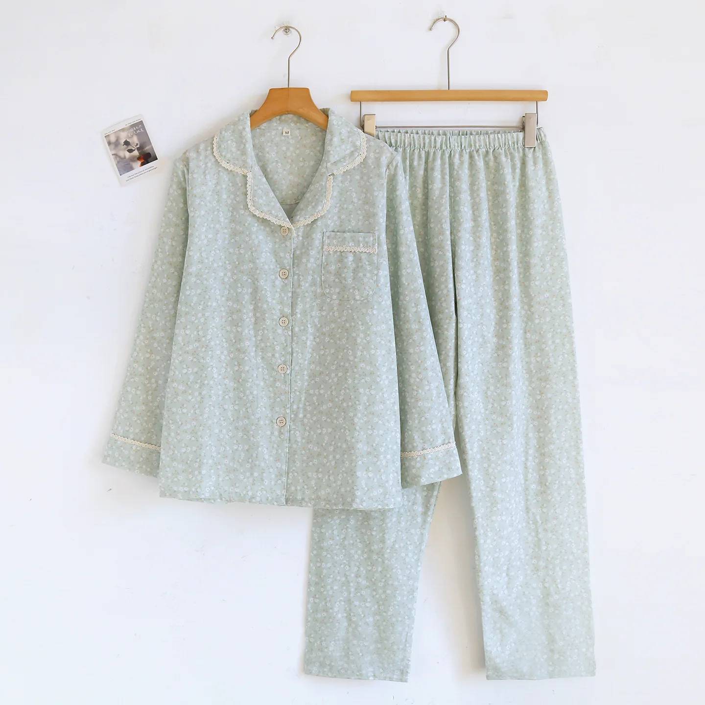 

Кружевной модный пижамный комплект с цветочным принтом и воротником для женщин, хлопковый пижамный комплект с длинными рукавами и длинными брюками, комплект домашней одежды из 2 предметов