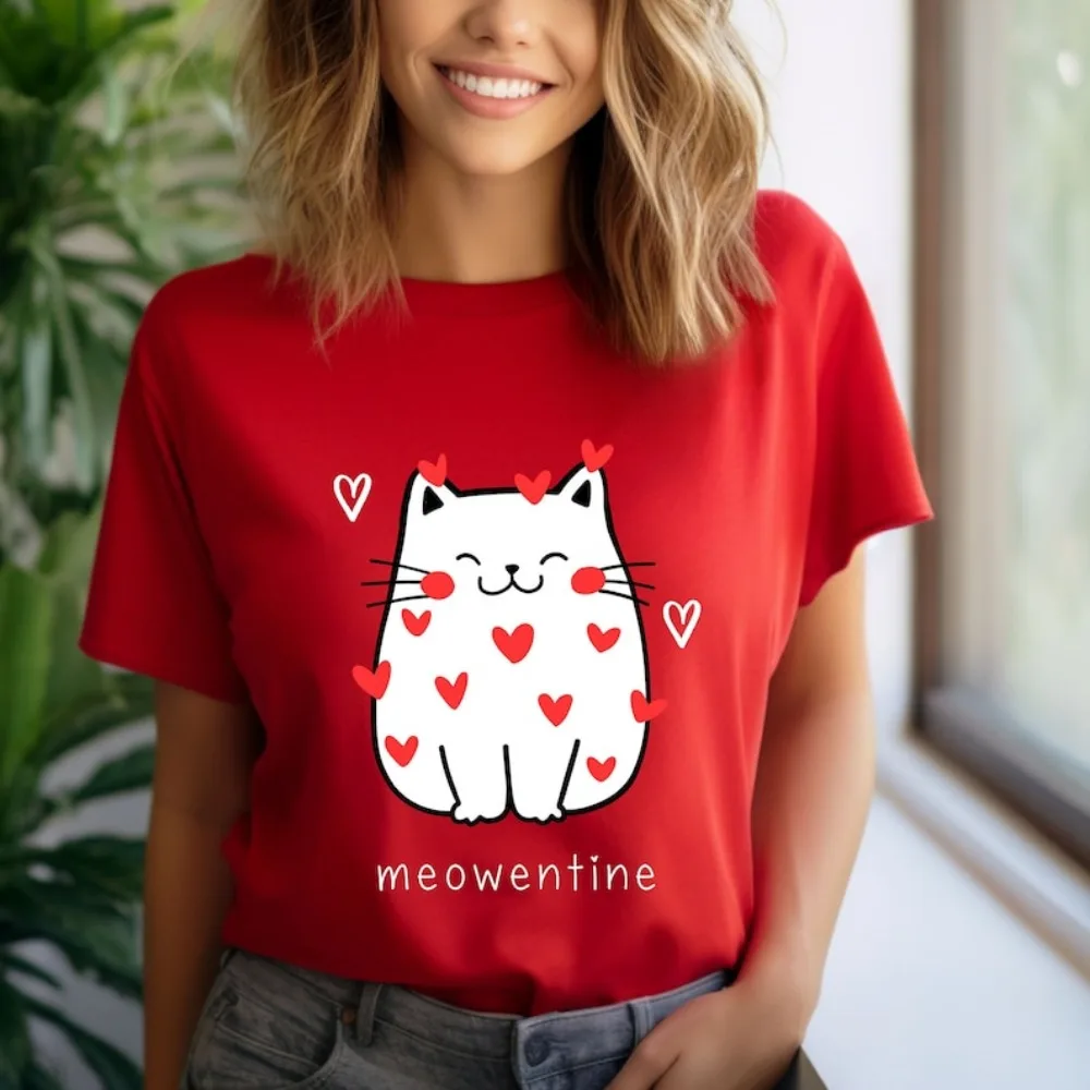 

Cute Cat Valentine T-Shirt Valentines Day Unisex Women Men T-Shirt Meowentine Valentine Shirt Short-sleeve O-neck Streetwear