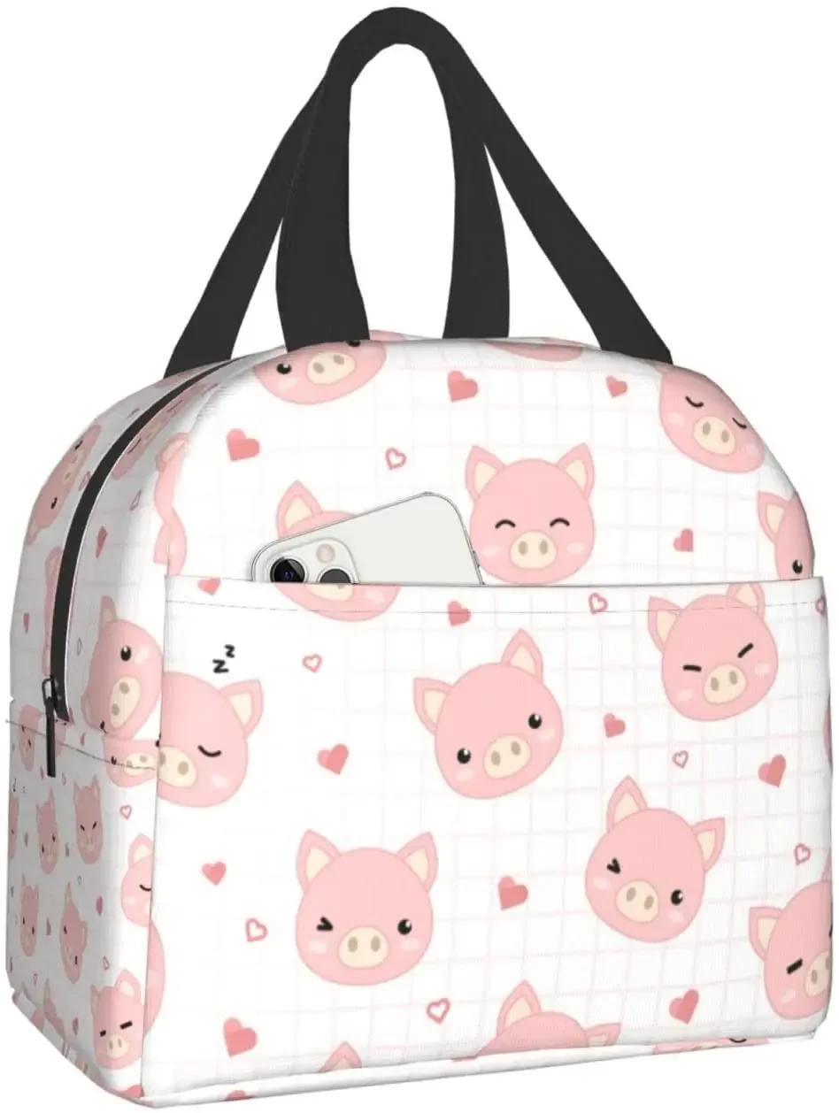 Cute Pig with Grid and Heart Cooler Lunch Box Portable Insulated Canvas Lunch Bag Thermal Food Picnic Lunch Bags for Women Kids