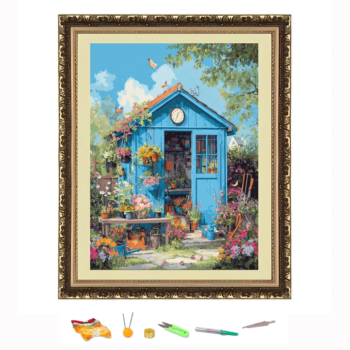 

Cross Stitch Embroidery Little flower beside the blue house DIY Needlework Kit Decorate Printed on Canva 11CT