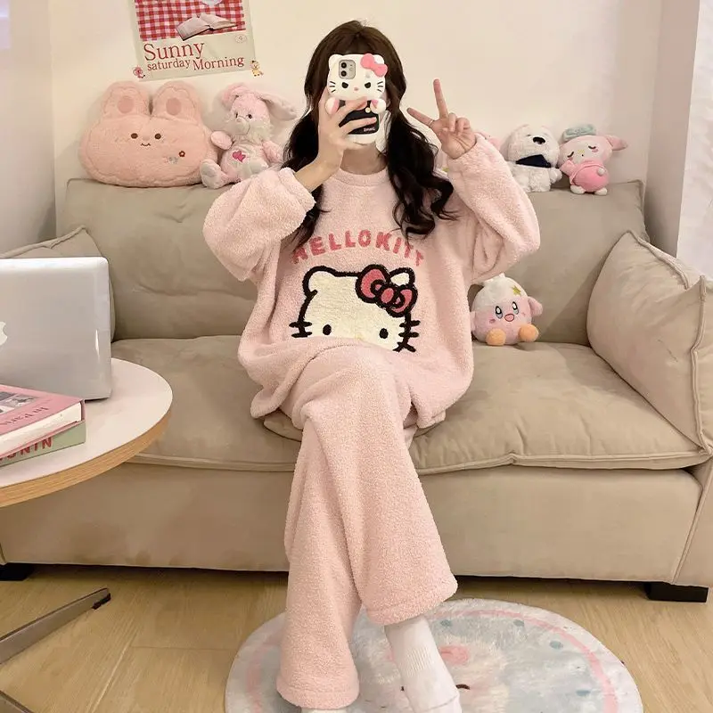 Miniso Girl Flannel Round Neck Winter Thickening Pajama Set Kawaii Hello Kitty Comic Lovely Fashion Keep Warm Leisure Wear New