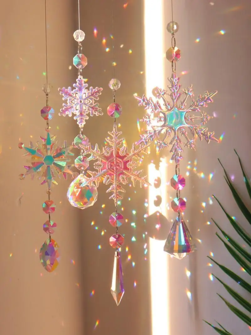 Snowflake Crystal Sun‑Catcher Hanging Ornament Rainbow Prism Light Window Wall Decor Xmas Tree Pendant Festive Home Holiday Gift