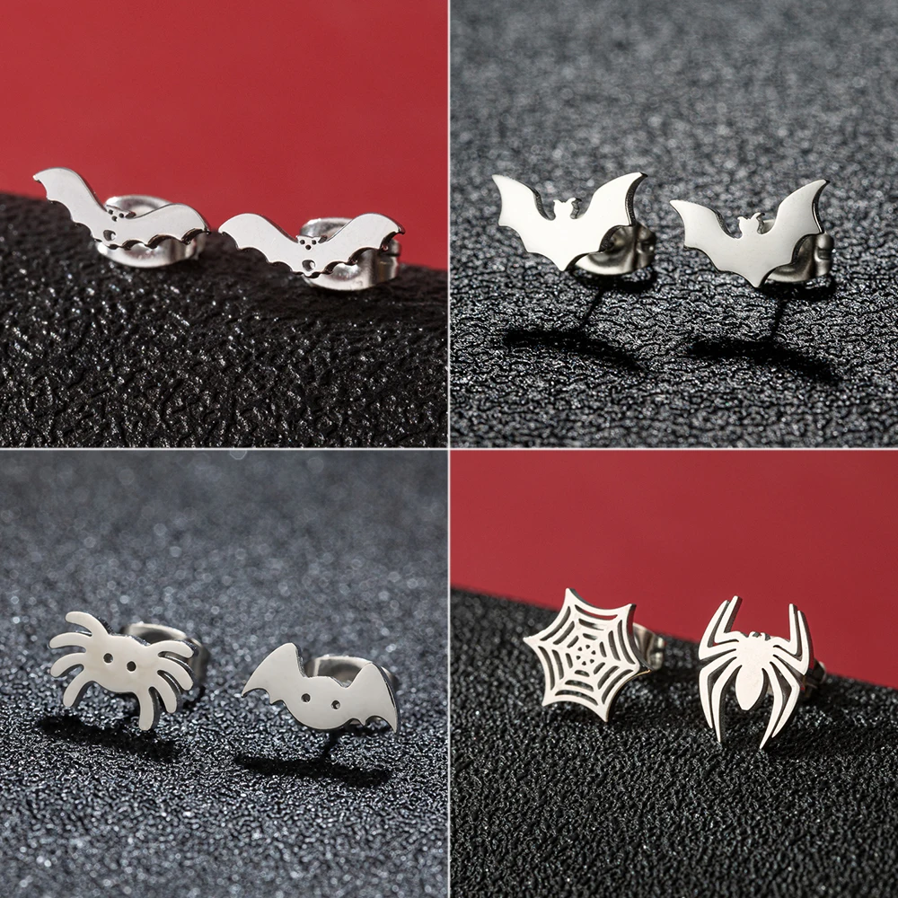 Shuangshuo Trendy Simple Bat Spider Stud Earrings for Women Stainless Steel Halloween Animal Ear Stud Accessories Jewelry Gift